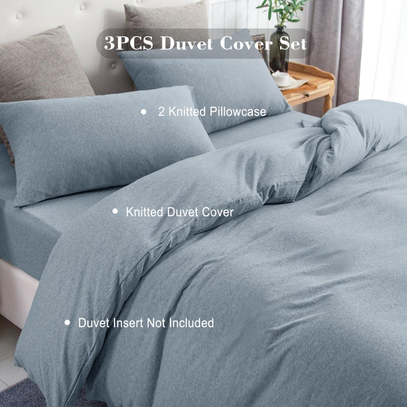 PURE ERA Jersey Knit Duvet Cover Set 100% T-Shirt Cotton Super Soft Comfy 3pc Bedding Set with Zipper Closure (Heather Blueish Grey, Queen) - Image 4